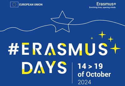 Graphik: Schriftzug Hashtag ErasmusDays 14-19 of October 2024 neben den Logos der Europäischen Kommission und Erasmus+.