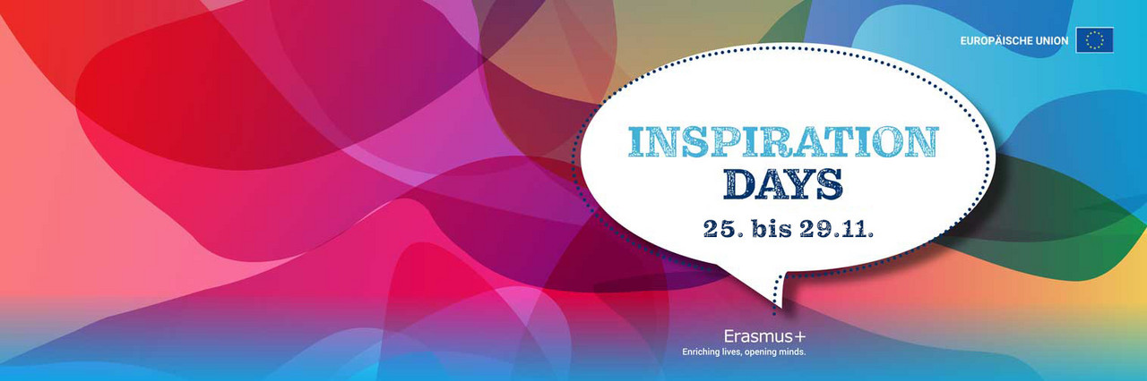 Logo der Erasmus+ Inspiration Days neben dem Datum 25. bis 29.11. auf buntem Hintergrund.