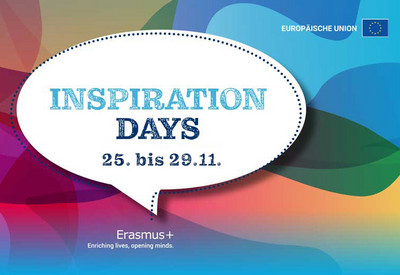 Logo der Erasmus+ Inspiration Days neben dem Datum 25. bis 29.11. auf buntem Hintergrund.