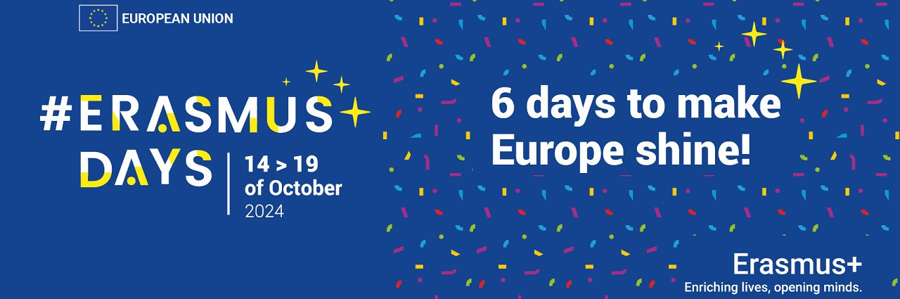 Graphik: Hashtag ErasmusDays und der Schriftzug "6 days to make Europe shine" auf dunkelblauem Grund